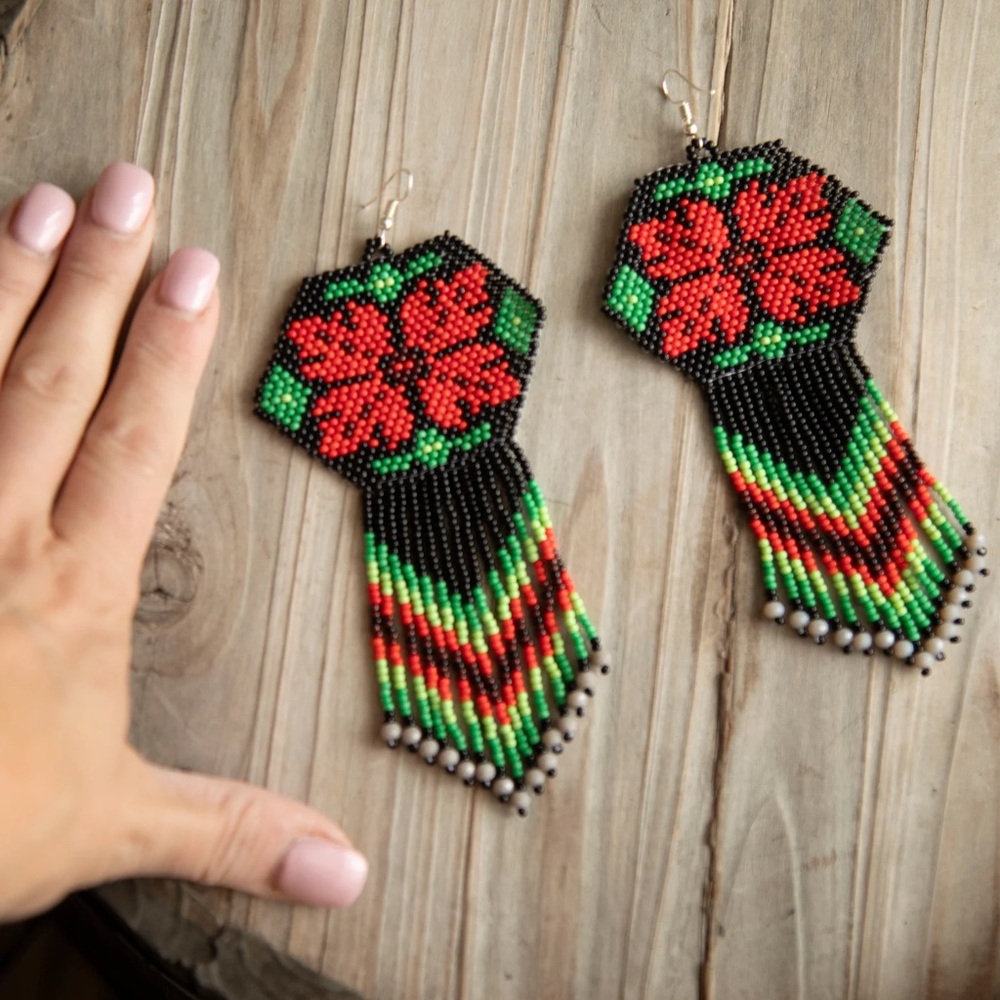 Elegant Floral Beaded Earrings in Red and Green - Picture 2 of 5